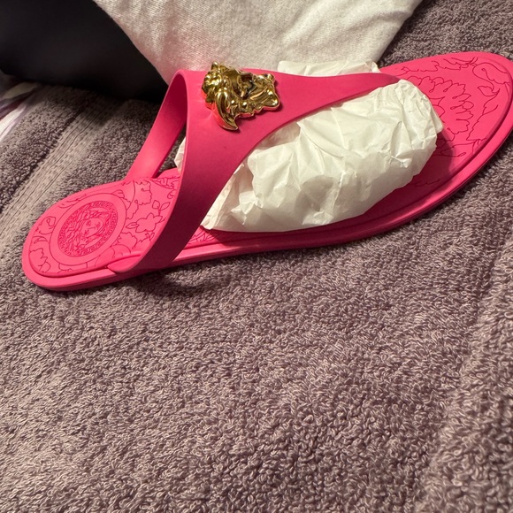 Versace Fuchsia Sandals with Gold Medusa Accent - Picture 4 of 6